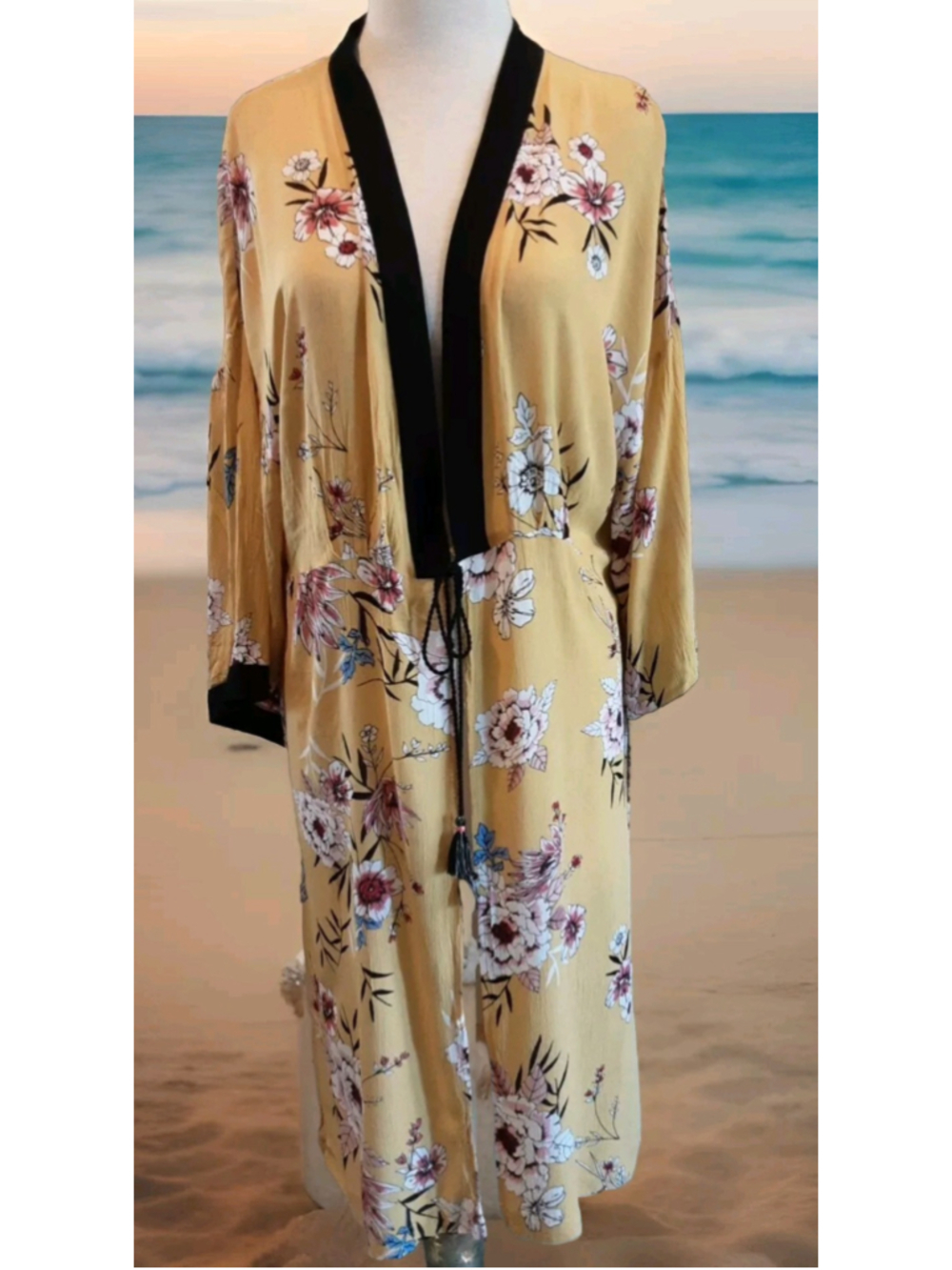 LULUS Yellow Floral Tie Front Open Kimono Cover Up Black Trim Crinkle Rayon SZ S